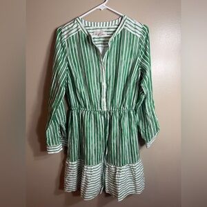 LOFT Green White Striped Dress Size S Tie Waist Tiered Midi